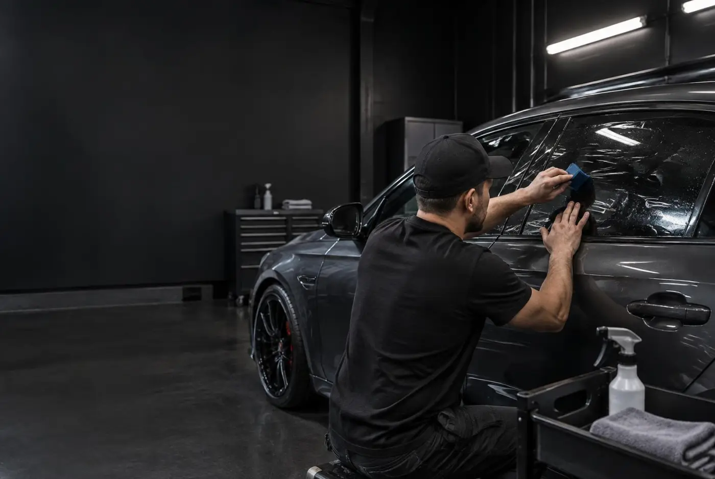 Elite Tint installer applying window film